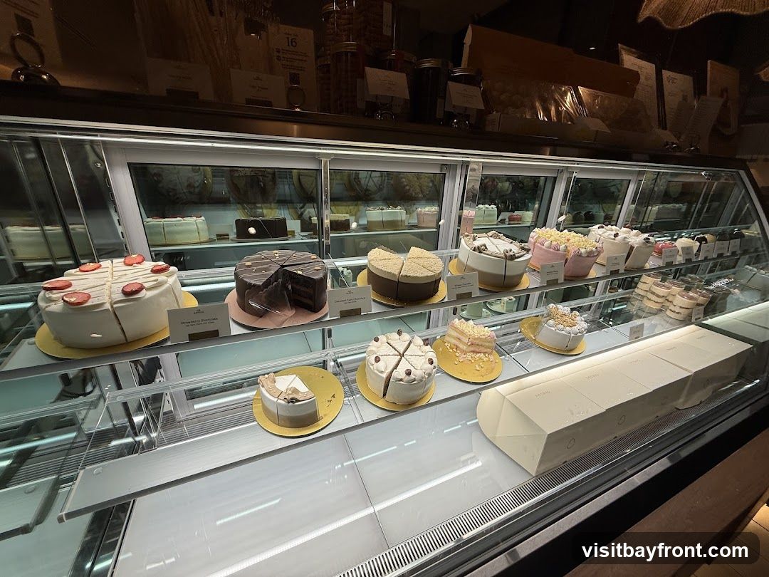 A refrigerated display case filled with various cakes and desserts. In the foreground, there are several whole cakes and slices of cake, including a white cake with strawberries, a chocolate cake, and a layered cake. Further back, more cakes and individual desserts in cups are visible. A long, white box is also displayed prominently.
