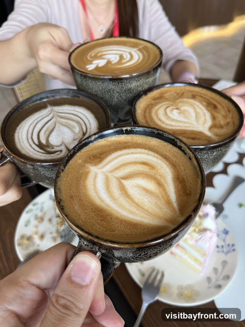 Four cups of coffee with intricate latte art are being held up. In the background, a slice of cake on a plate is visible.