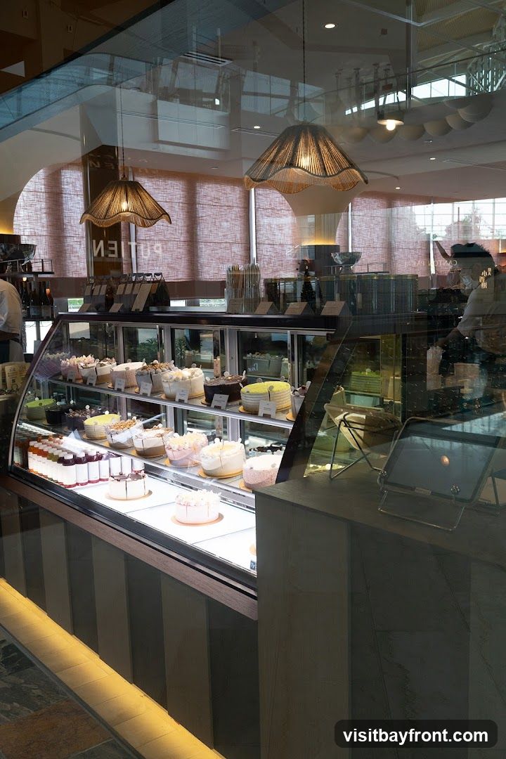A display case filled with various cakes and pastries, including tiered cakes, round cakes, and individual desserts. The cakes are decorated with frosting, fruits, and other toppings. There are also bottles of juice or drinks on the bottom shelf. The display case is illuminated, and the cakes are neatly arranged. In the background, there are decorative lamps and blinds. The reflection on the glass shows the interior of the establishment.