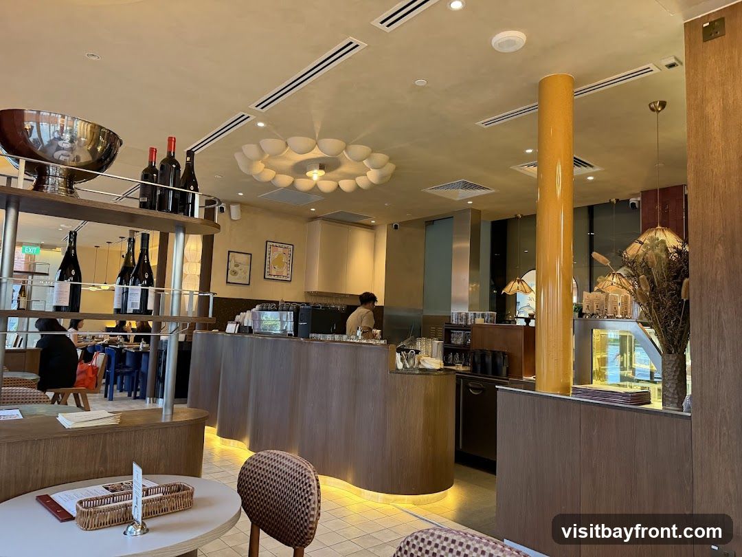 The interior of a cafe with a wooden counter, shelves displaying wine bottles, and seating areas. A person is visible behind the counter.