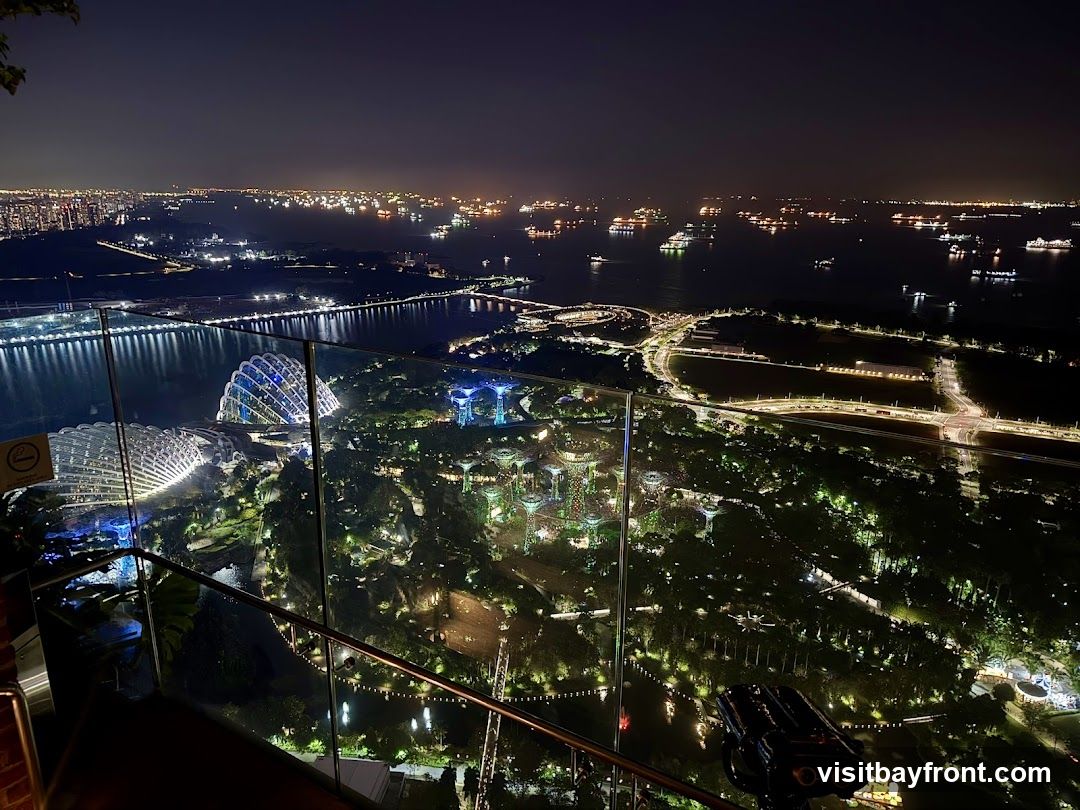 A panoramic night view of Gardens by the Bay and the Singapore skyline from a high vantage point. The illuminated domes of Gardens by the Bay are visible, along with the Supertree Grove. The cityscape stretches into the distance, with numerous ships dotting the sea. A telescope is positioned in the foreground on a railing.