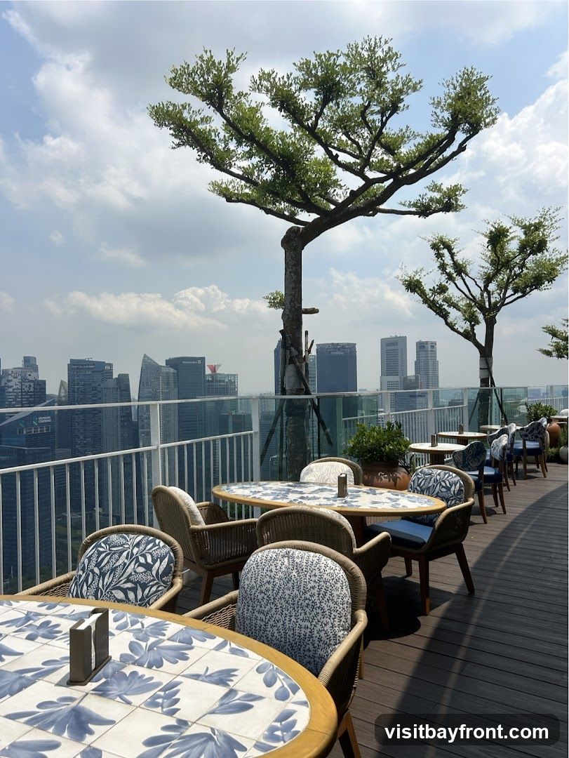 An outdoor seating area on a rooftop, featuring tables and chairs with patterned cushions. The tables have tiled tops with blue and white floral designs. In the background, a cityscape with tall buildings is visible under a cloudy sky. Trees with sparse foliage are planted in pots, adding to the ambiance.