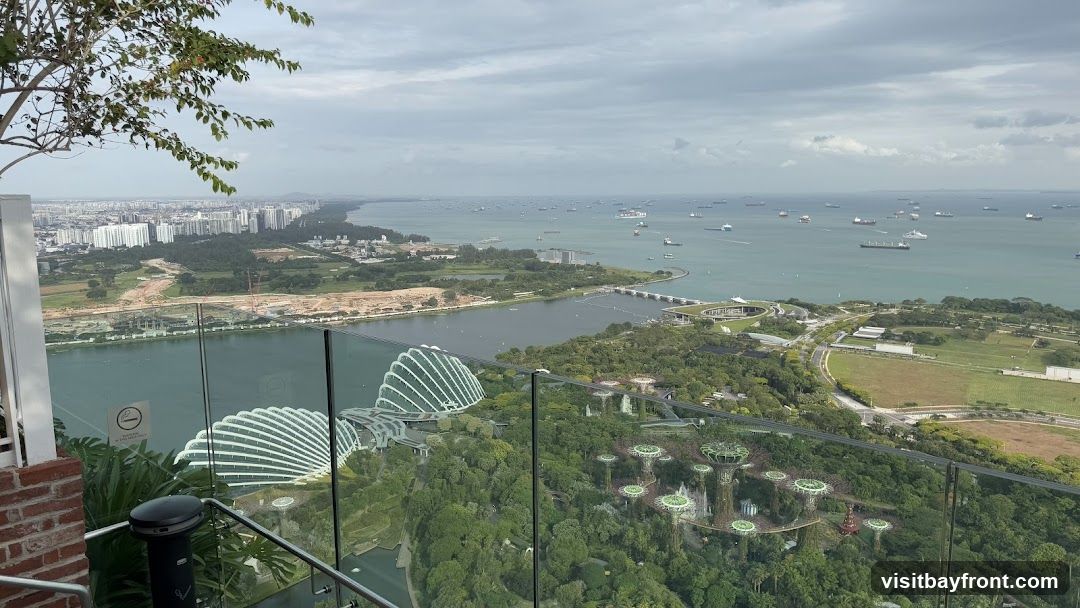 A wide-angle view from a high vantage point overlooking the Singapore skyline, the sea filled with numerous cargo ships, and the iconic Gardens by the Bay with its distinctive Supertree Grove and Cloud Forest domes. The foreground features a glass railing and some greenery, suggesting a viewing deck or rooftop area. The sky is overcast with clouds.