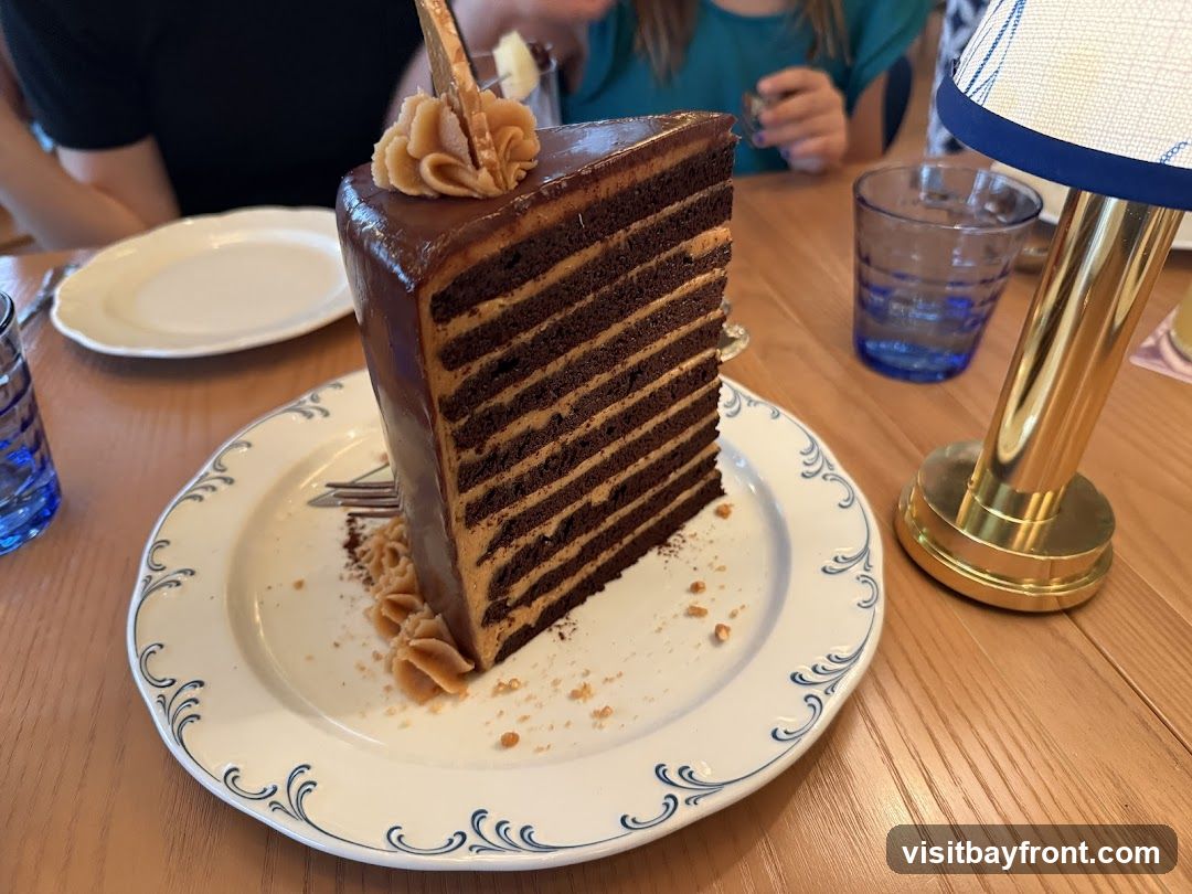 A tall slice of chocolate layer cake with peanut butter frosting sits on a white plate with blue trim. The cake has many thin layers of chocolate cake and peanut butter filling, topped with chocolate ganache and a swirl of peanut butter frosting. Crumbs and a fork are on the plate. In the background, people are seated at a table with blue glasses and a brass lamp.