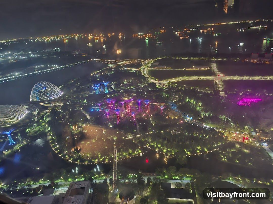An aerial view of Gardens by the Bay in Singapore at night. The Supertree Grove is illuminated with colorful lights, and the Flower Dome and Cloud Forest conservatories are visible. The surrounding bay area is dotted with ships and city lights.