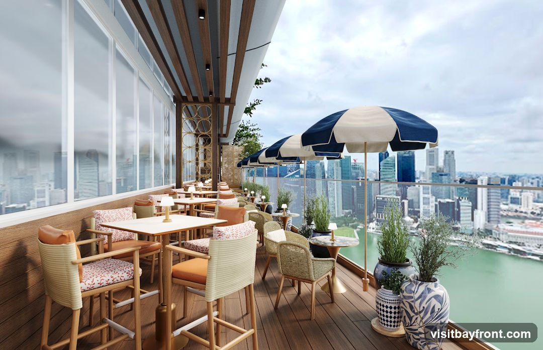 An outdoor seating area of a restaurant with a panoramic view of a city skyline and a body of water. The seating area features wooden tables and chairs with patterned cushions, as well as large blue and white umbrellas providing shade. Potted plants and decorative vases are placed around the area. The interior of the restaurant is visible through large windows on the left side.
