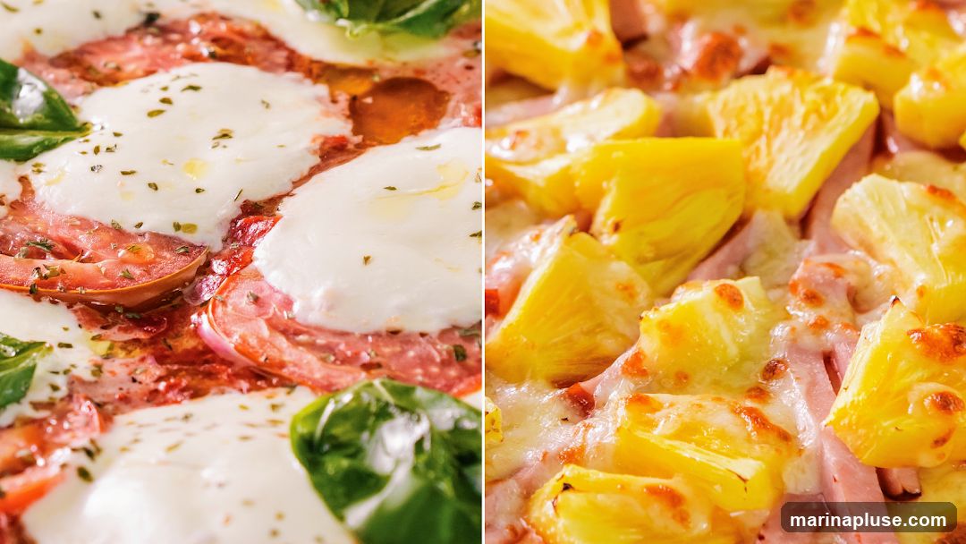 A split image showing two close-up views of pizzas. The left side features a pizza with fresh mozzarella, sliced tomatoes, and basil leaves. The right side displays a pizza topped with ham and pineapple chunks, covered in melted cheese.