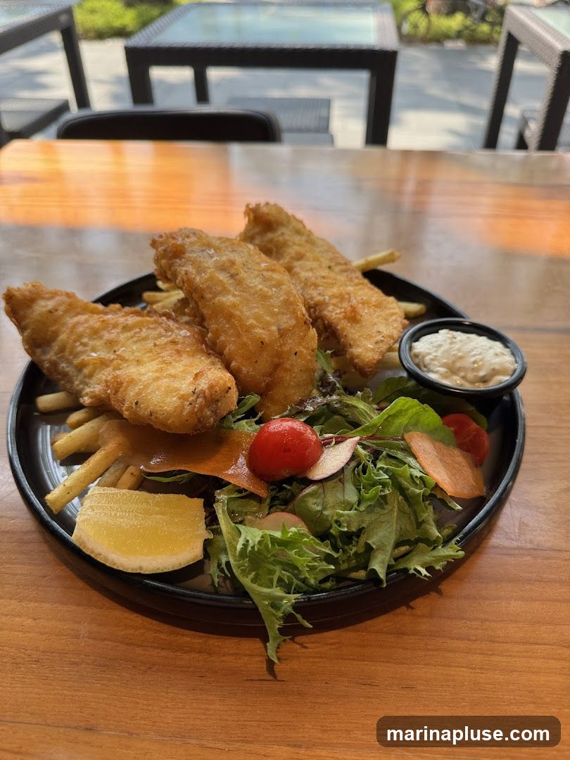 A plate of fish and chips served with a side salad and a lemon wedge. The fish is golden brown and battered, served atop a bed of french fries. The salad consists of mixed greens, cherry tomatoes, and thinly sliced radishes. A small dish of tartar sauce is also included. The meal is presented on a black plate on a wooden table, with outdoor seating visible in the blurred background.