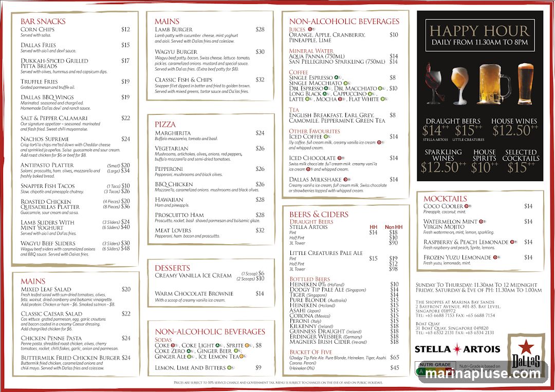A menu with sections for Bar Snacks, Mains, Pizza, Desserts, Non-Alcoholic Beverages, Other Favourites, Beers & Ciders, and Mocktails. It also includes Happy Hour information and contact details for two locations.