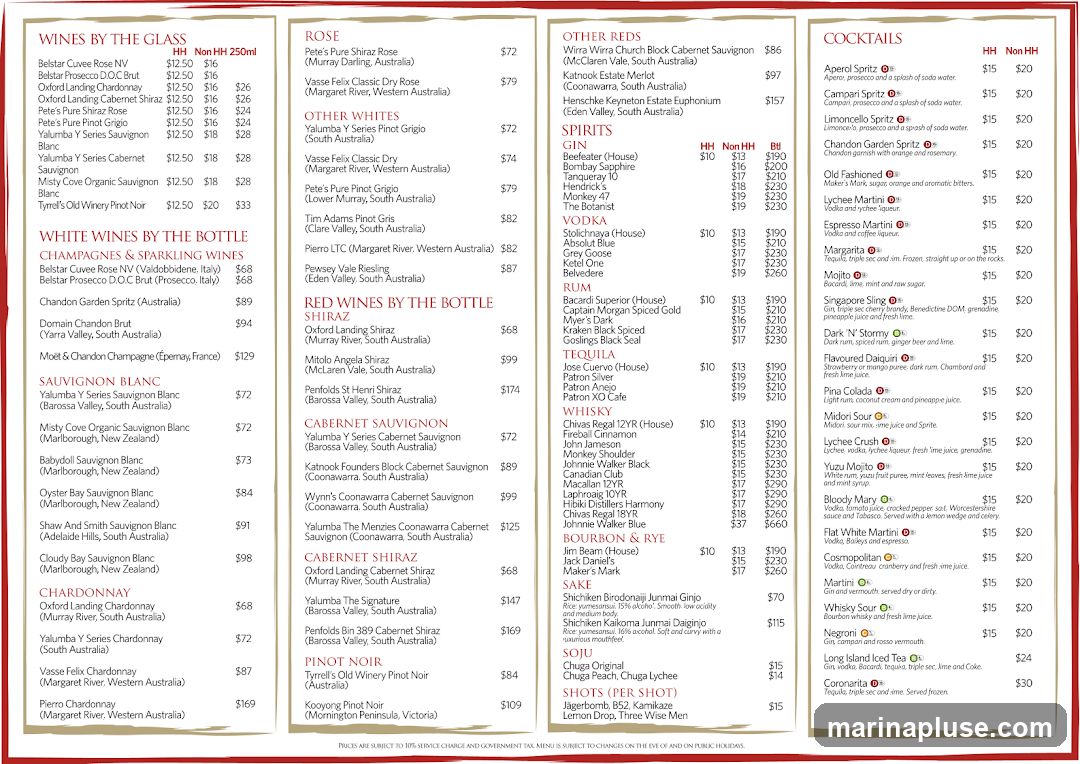 A menu listing wines by the glass, by the bottle, spirits, and cocktails.