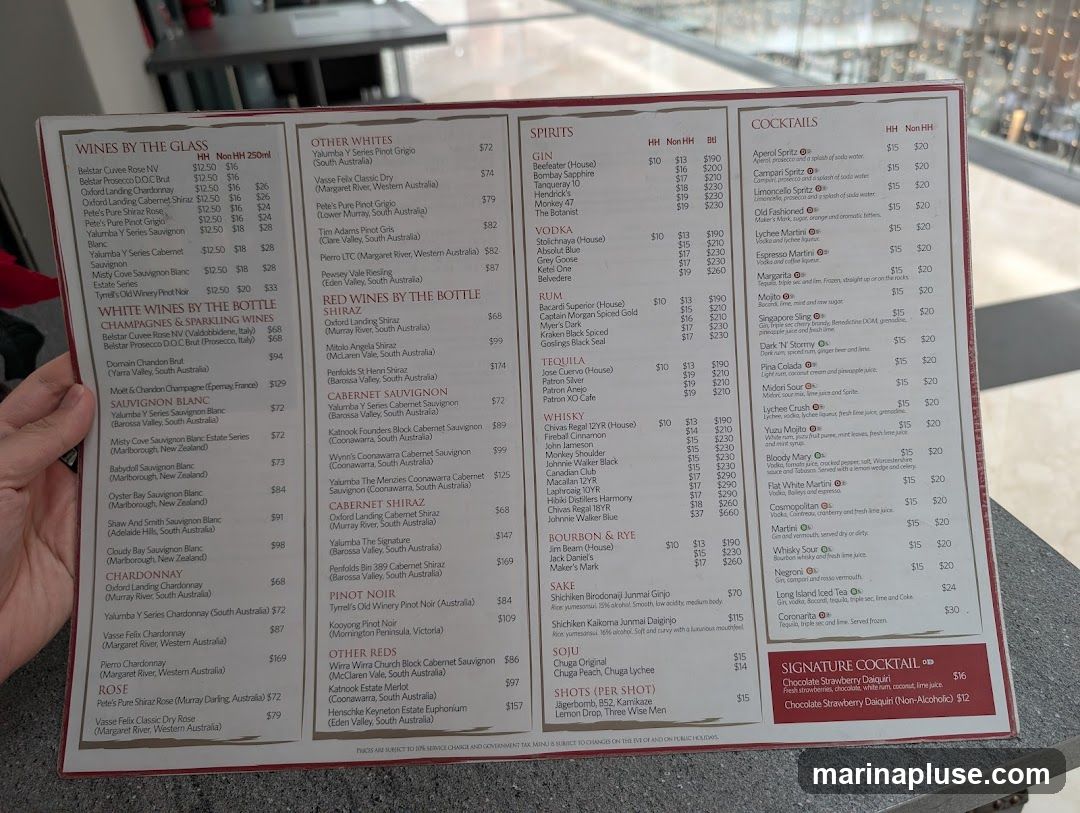 Wines, spirits, and cocktails menu.