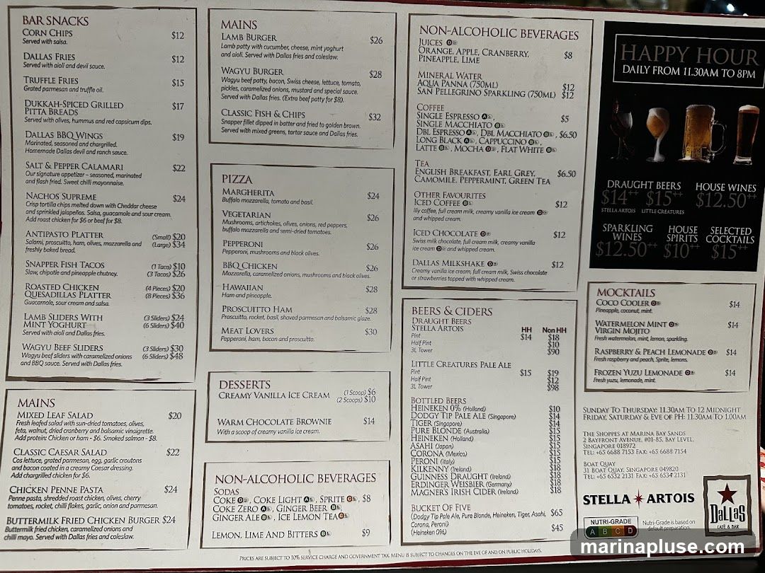 A menu with various food and drink options, including bar snacks, mains, pizzas, desserts, non-alcoholic beverages, beers, ciders, mocktails, and happy hour specials.
