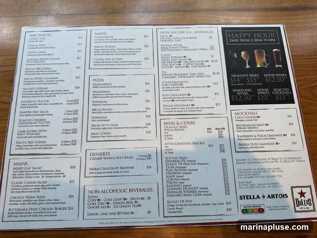 A menu with food and drink options, including snacks, mains, pizzas, desserts, beers, ciders, non-alcoholic beverages, mocktails, and happy hour specials.