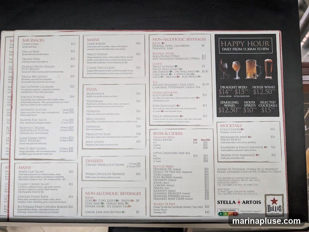 A menu from Dallas Cafe & Bar with sections for Bar Snacks, Mains, Pizzas, Desserts, Non-Alcoholic Beverages, Beers & Ciders, Mocktails, and Happy Hour specials.