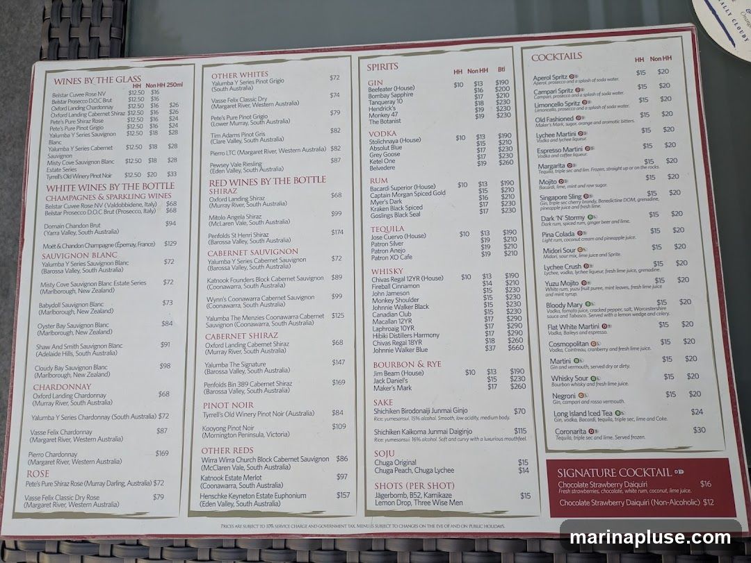 A menu with sections for Wines by the Glass, White Wines by the Bottle, Red Wines by the Bottle, Spirits, and Cocktails.