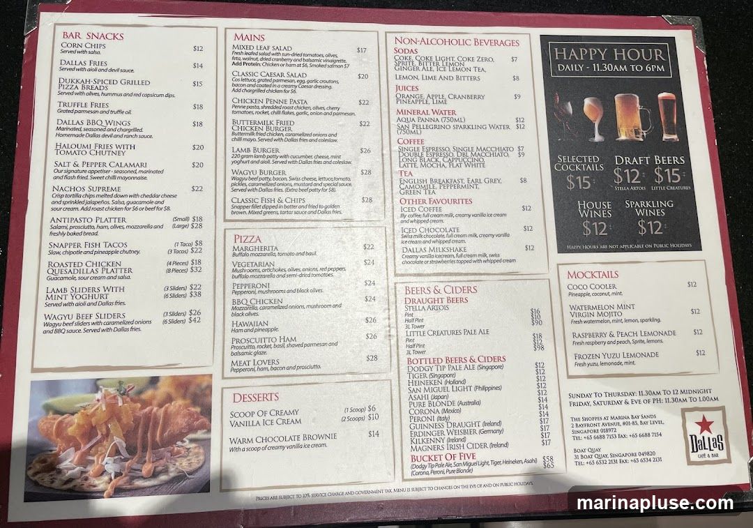 A menu with sections for Bar Snacks, Mains, Non-Alcoholic Beverages, Happy Hour, Mocktails, Beers & Ciders, and Desserts.
