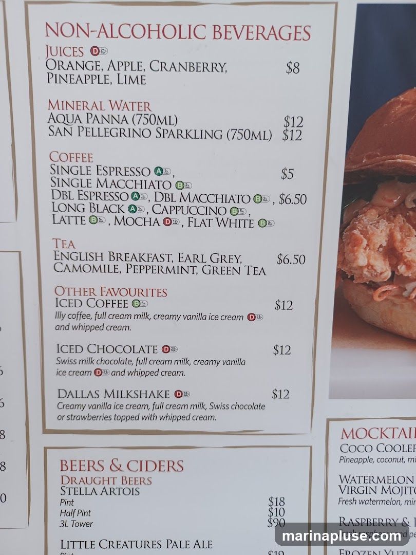 Menu featuring non-alcoholic beverages, coffee, tea, iced drinks, milkshakes, and beers & ciders.