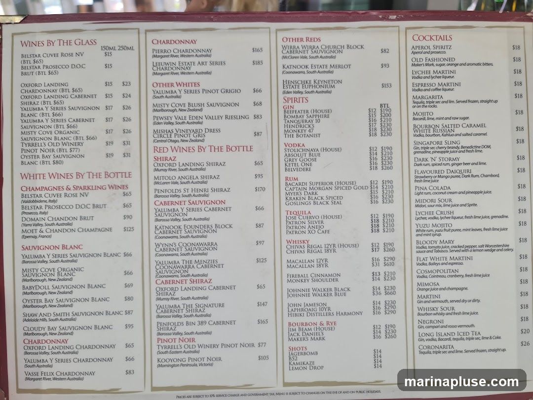 Menu with wines and cocktails.