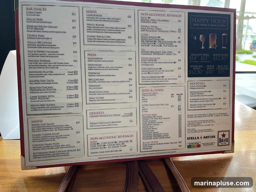 A menu with sections for Bar Snacks, Mains, Desserts, Non-Alcoholic Beverages, Beers & Ciders, and Mocktails. It also features a Happy Hour section.