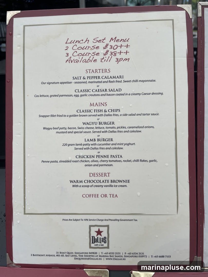 Lunch Set Menu available until 3pm. 2 Course for $30++ and 3 Course for $38++. Includes starters, mains, dessert, and coffee or tea. Prices are subject to 10% service charge and prevailing government tax.