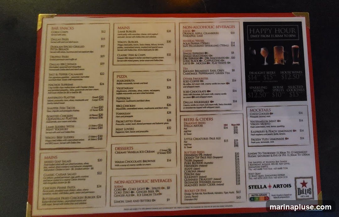 A menu with sections for Bar Snacks, Mains, Pizza, Desserts, Non-Alcoholic Beverages, Beers & Ciders, and Mocktails. It also features a Happy Hour section and information about the restaurant's locations and operating hours.