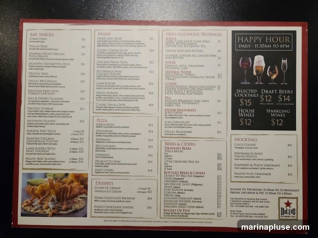 A menu with sections for Bar Snacks, Mains, Non-Alcoholic Beverages, Happy Hour, Desserts, Mocktails, Beers & Ciders, and Bottled Beers & Ciders.