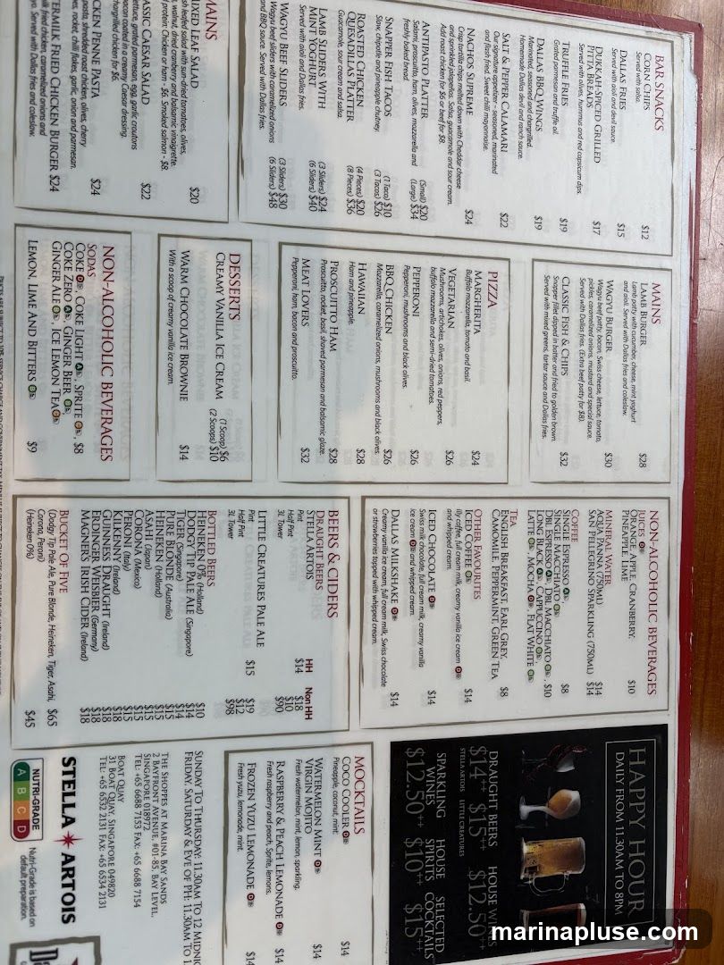 A menu with various sections including Bar Snacks, Mains, Desserts, Non-Alcoholic Beverages, Beers & Ciders, Mocktails, and Happy Hour.