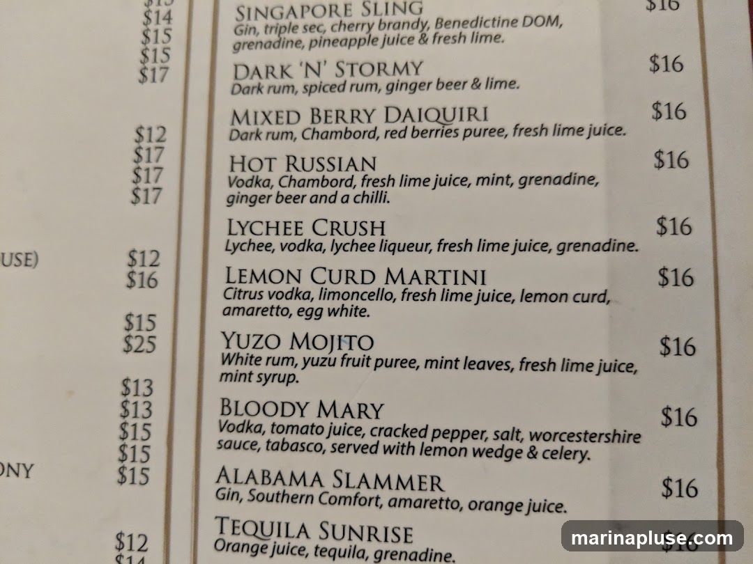 A list of cocktails with their ingredients and prices.