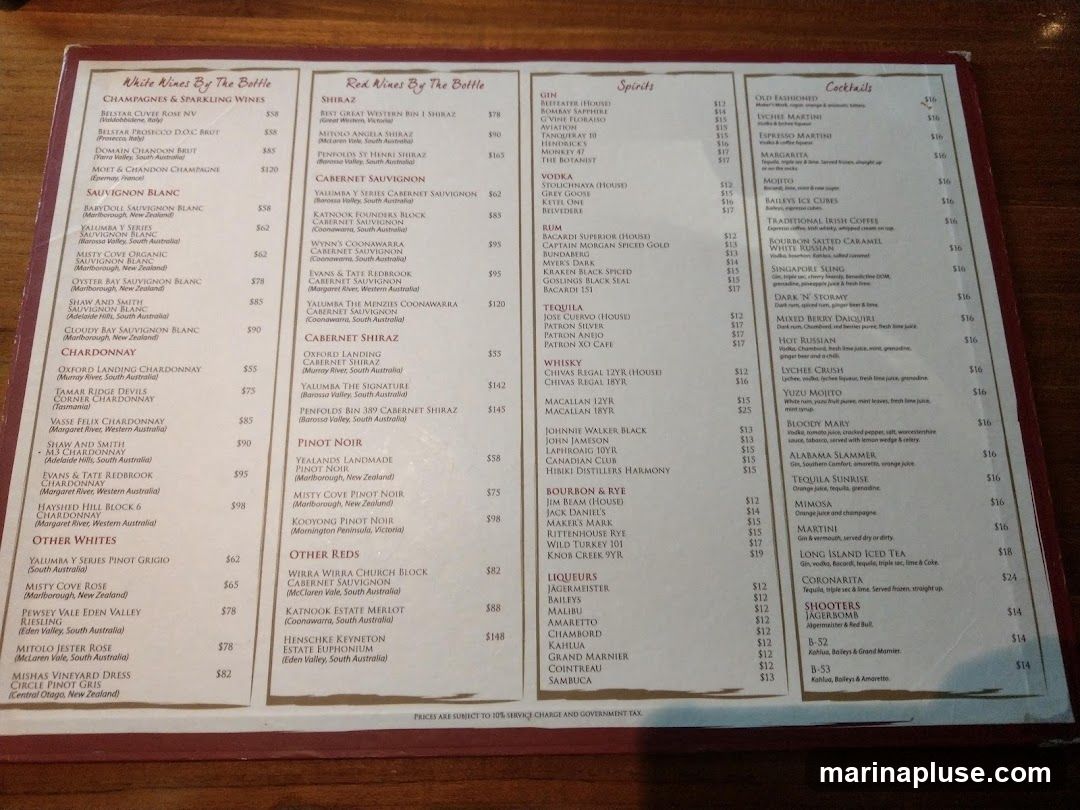 A menu featuring a selection of white wines, red wines, spirits, and cocktails with prices.