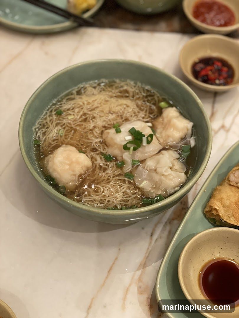 A close-up shot of a bowl of wonton noodle soup. The soup contains thin noodles, several wontons, and is garnished with chopped green onions. There are also small bowls of dipping sauces and a spring roll visible in the background.