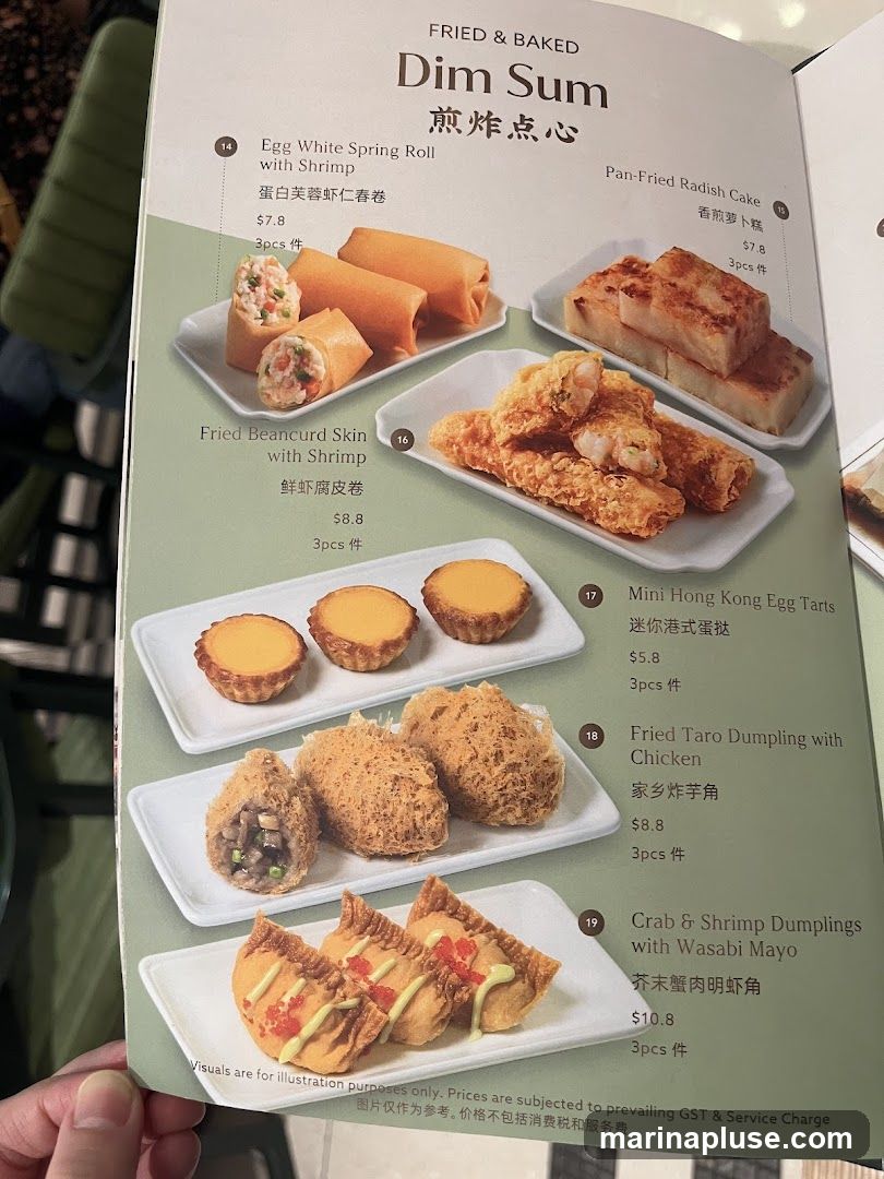 Fried & Baked Dim Sum menu with various items like spring rolls, radish cake, egg tarts, and dumplings.