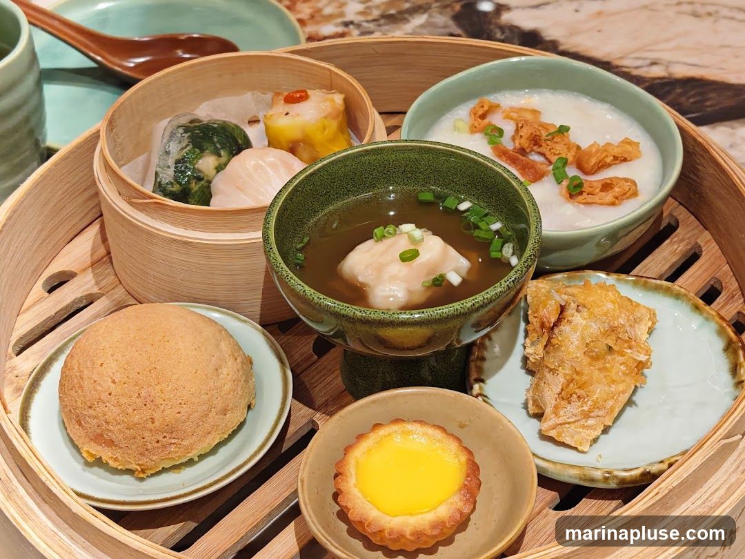 A close-up overhead shot of a dim sum platter served in a bamboo steamer. The platter includes a variety of dim sum items such as siu mai, har gow, a steamed bun, a fried item, an egg tart, and a bowl of congee with fried dough sticks and scallions. There is also a small bowl of soup with a dumpling and garnished with scallions.