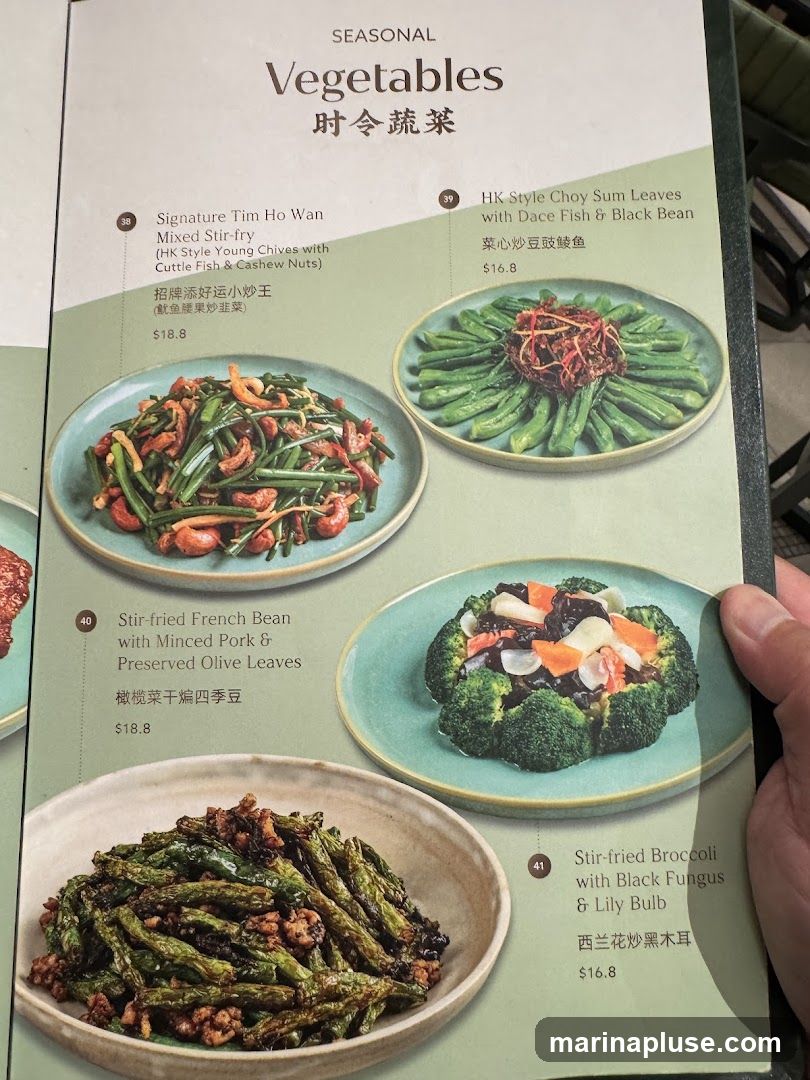 A menu page featuring various seasonal vegetable dishes with descriptions and prices.