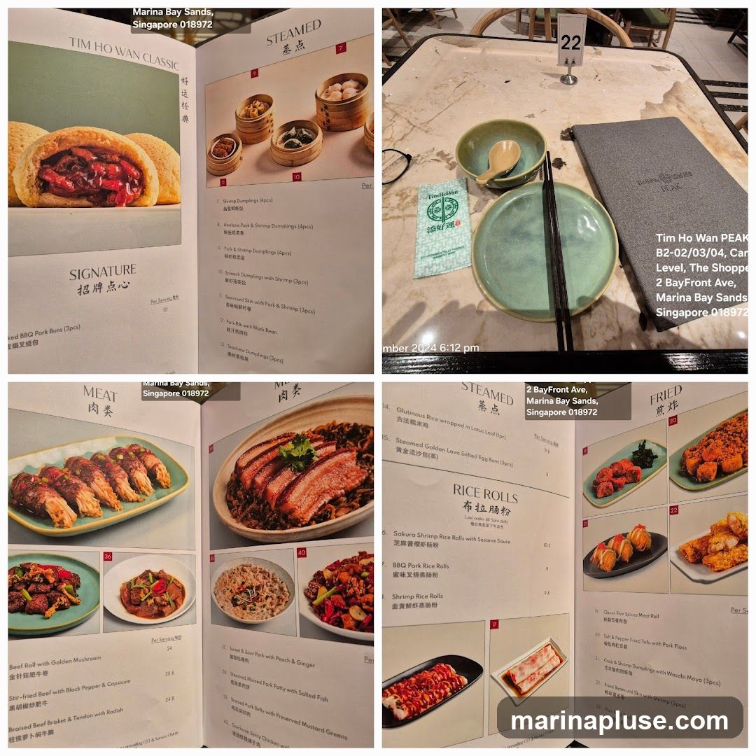 A collage of menu pages and food photos from Tim Ho Wan. The menu sections visible include Signature, Meat, Steamed, Rice Rolls, and Fried.