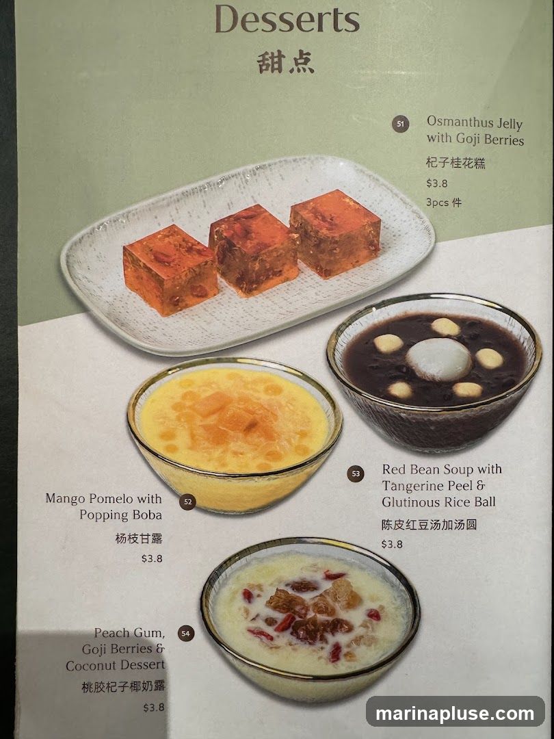 A menu page featuring four dessert options with accompanying images and descriptions in English and Chinese.