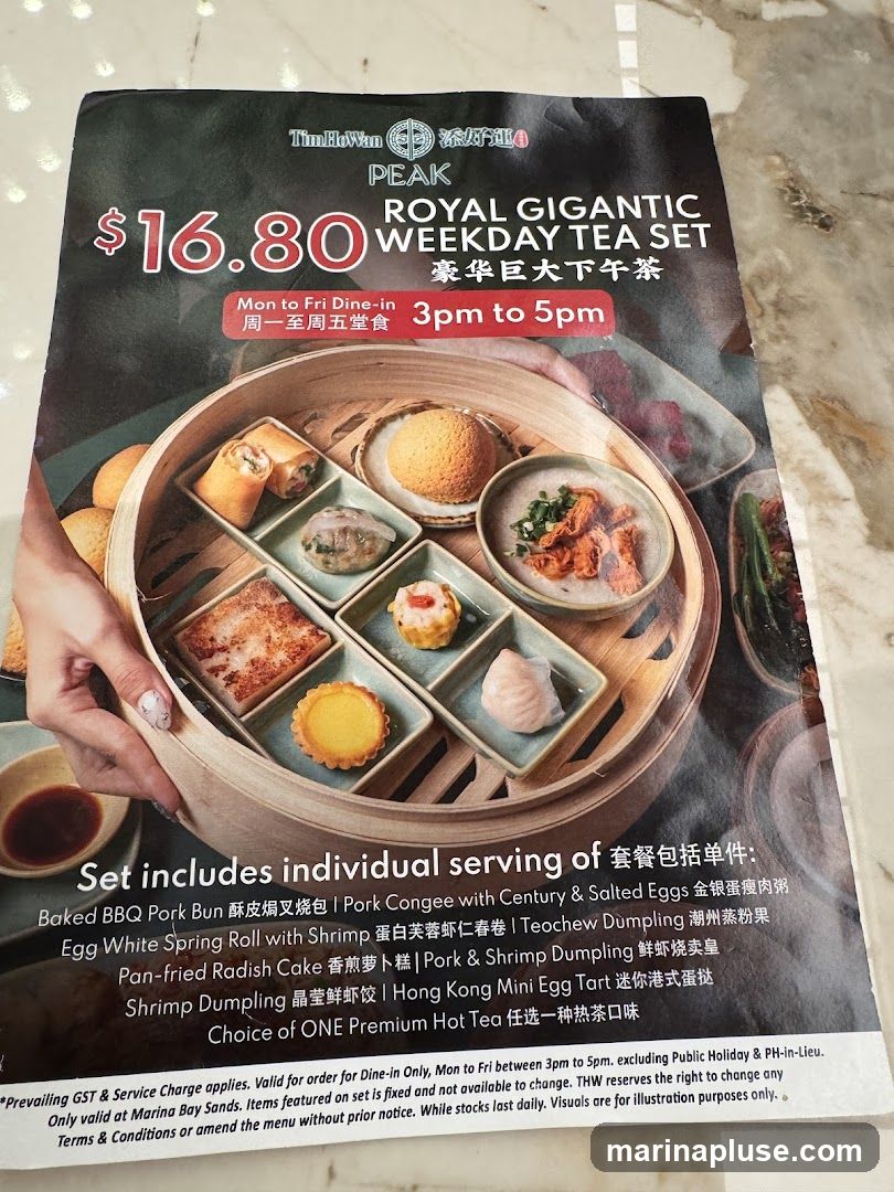 A promotional menu for a weekday tea set at Tim Ho Wan Peak. The set costs $16.80 and is available for dine-in only, Monday to Friday, from 3pm to 5pm.