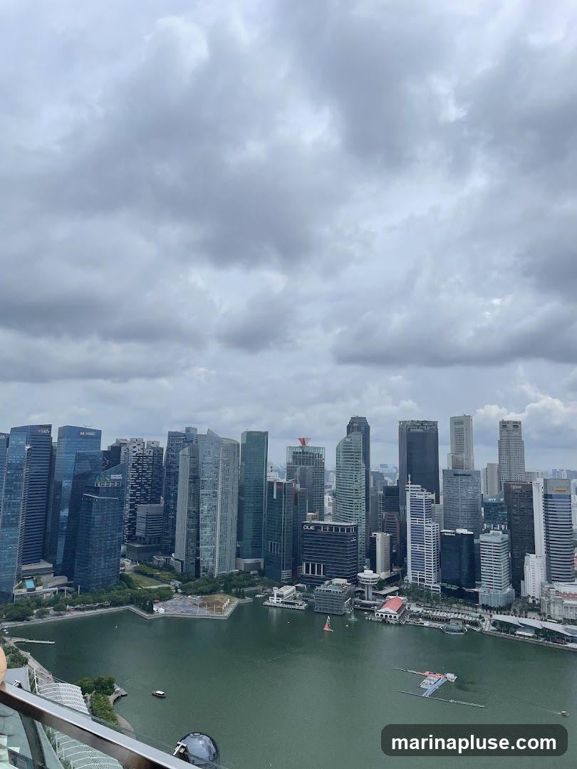 A panoramic view of a modern city skyline with numerous skyscrapers of varying heights and architectural styles. The buildings are situated along a body of water, which reflects the overcast sky. Several boats and structures are visible on the water. The foreground shows a railing and part of a building, suggesting the photo was taken from an elevated vantage point. The sky is filled with heavy, grey clouds.