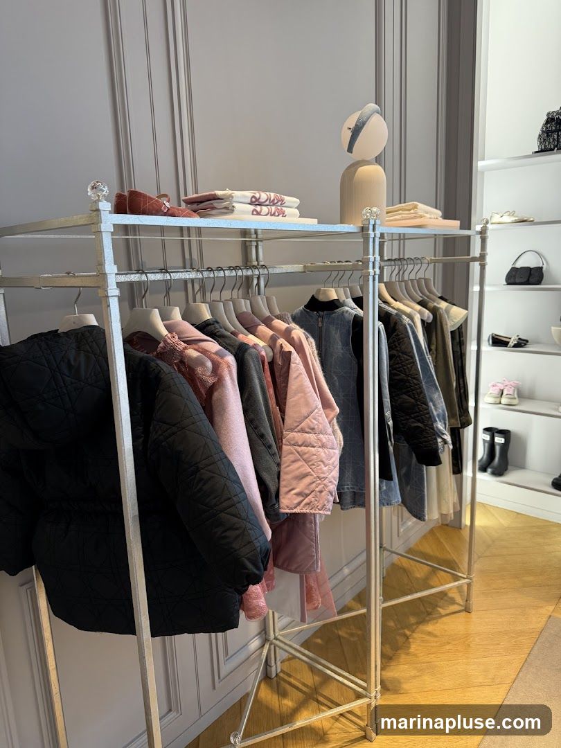 A metal clothing rack displays various garments, including quilted jackets, sweaters, and dresses, in shades of black, pink, and denim blue. On the shelf above, a pair of brown loafers and folded white t-shirts with pink lettering are visible. To the right, a white shelving unit holds a handbag, shoes, and boots. The background features a grey paneled wall and a light wooden floor.