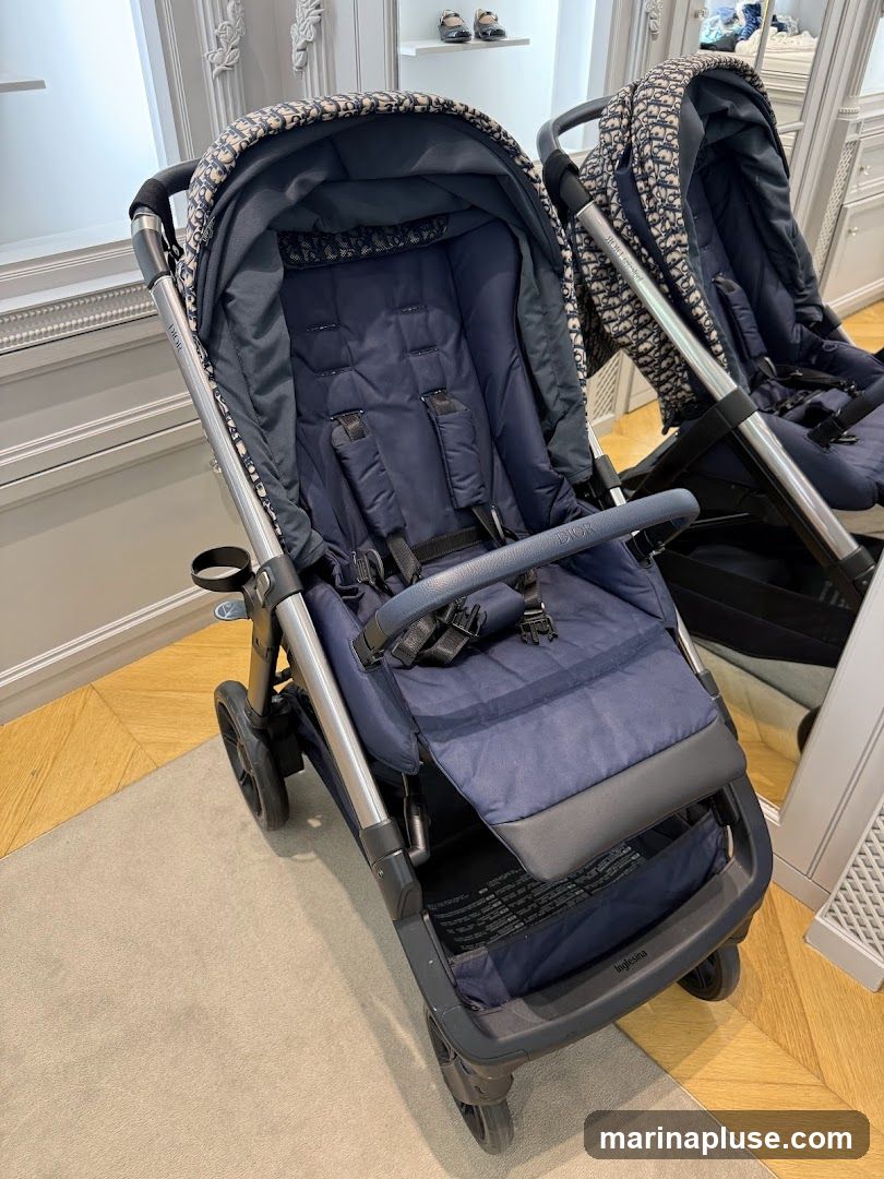 A navy blue stroller with the Dior logo pattern on the canopy and seat lining. The stroller has a silver frame and black wheels. It is shown indoors, possibly in a store, with a mirror reflecting another stroller.