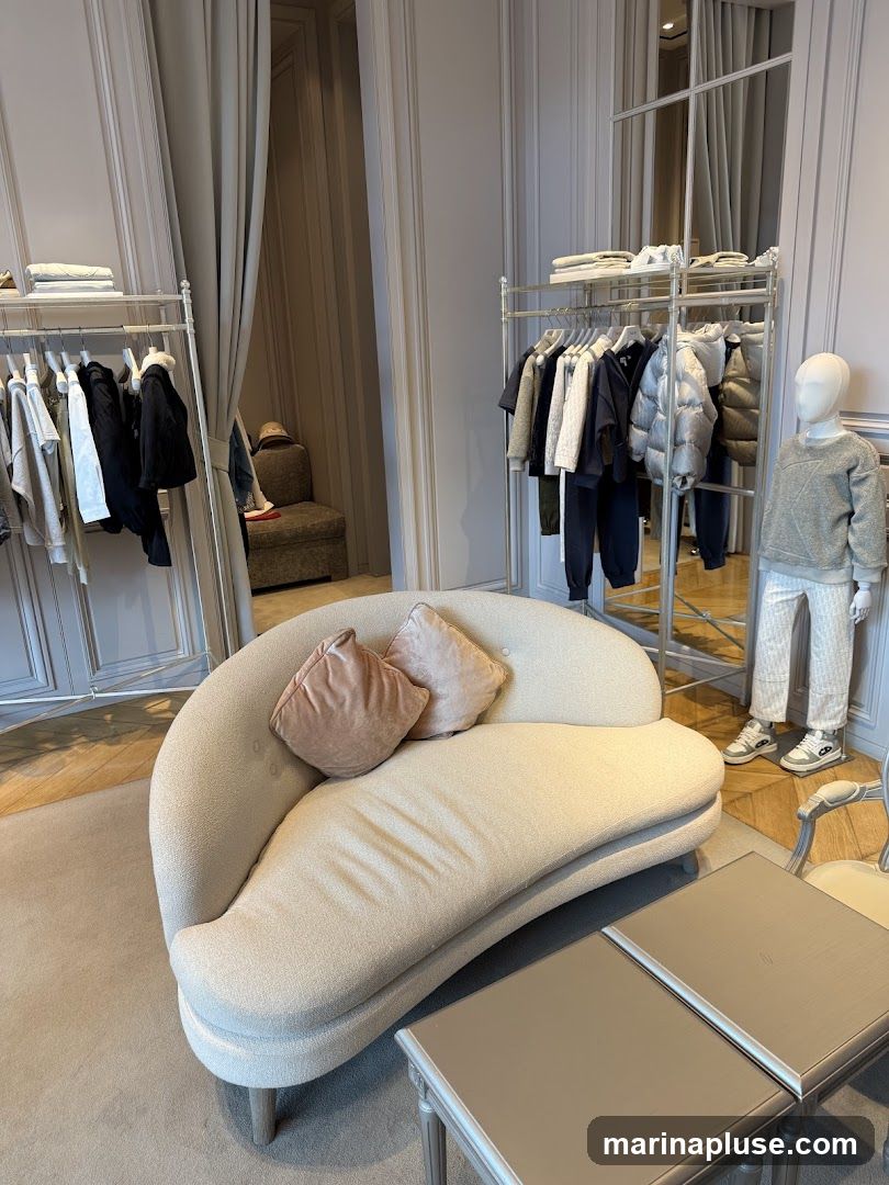 A well-lit interior of a children's clothing store, featuring racks of clothes, a curved sofa with decorative pillows, and a mannequin dressed in a sweater and pants. Mirrors and elegant wall paneling contribute to a sophisticated ambiance.