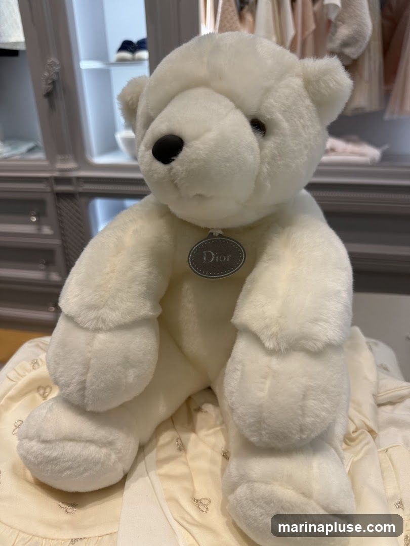 A white plush teddy bear with a Dior tag around its neck sits on a cream-colored fabric. In the background, a blurred display cabinet shows clothing and shoes.