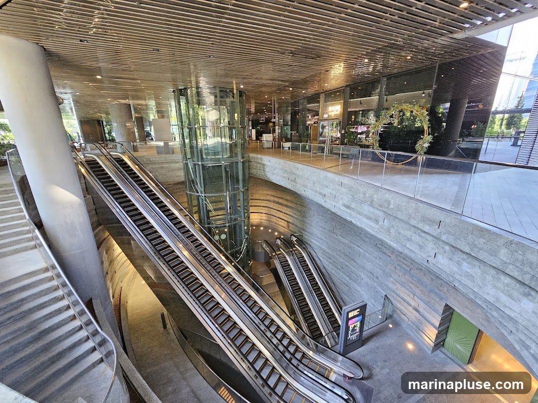 A wide shot of a modern building interior featuring multiple escalators, a glass elevator shaft, and concrete walls. The ceiling has a slatted design. On an upper level, a storefront with large glass windows is visible, decorated with a circular floral arch.