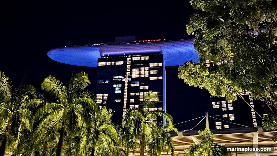 A nighttime view of the Marina Bay Sands hotel in Singapore, with its iconic rooftop infinity pool illuminated in blue. Palm trees in the foreground are lit with warm yellow lights, creating a tropical ambiance. The hotel's windows are lit, suggesting occupancy.