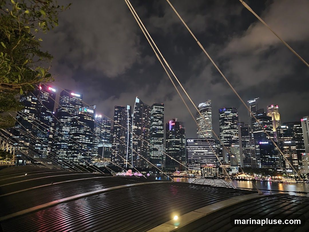 A nighttime view of a modern cityscape with numerous illuminated skyscrapers. The buildings are tall and densely packed, with many windows lit up. In the foreground, there is a dark, curved structure with visible lines, possibly a roof or bridge. The sky is dark with some clouds, and lights from the city reflect on the water in the distance.