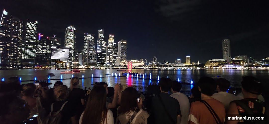 A crowd of people watch a light and water show at night, with a cityscape of illuminated skyscrapers in the background. The water is lit with blue and pink lights, and there are several boats on the water.