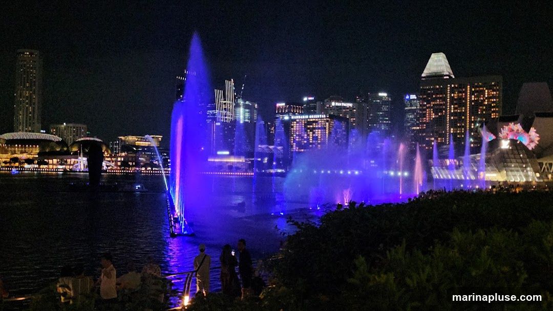 A vibrant nighttime scene featuring a water fountain show with colorful lights, set against a backdrop of a modern city skyline. Several tall buildings are illuminated, and some appear to have lights forming patterns. People are visible in the foreground, observing the spectacle. The water jets are illuminated with purple and blue lights, creating a dynamic display over the water.