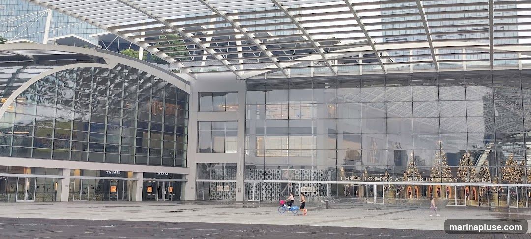 A wide shot of the exterior of The Shoppes at Marina Bay Sands, a large shopping complex with a modern glass facade and a distinctive arched roof structure. The building features multiple entrances and large glass windows reflecting the surroundings. Signs for "TASAKI" are visible on the left side of the building. On the right side, a large sign reads "THE SHOPPES AT MARINA BAY SANDS". Several decorated Christmas trees are visible through the glass facade on the right. People are seen walking and cycling in the plaza in front of the building.