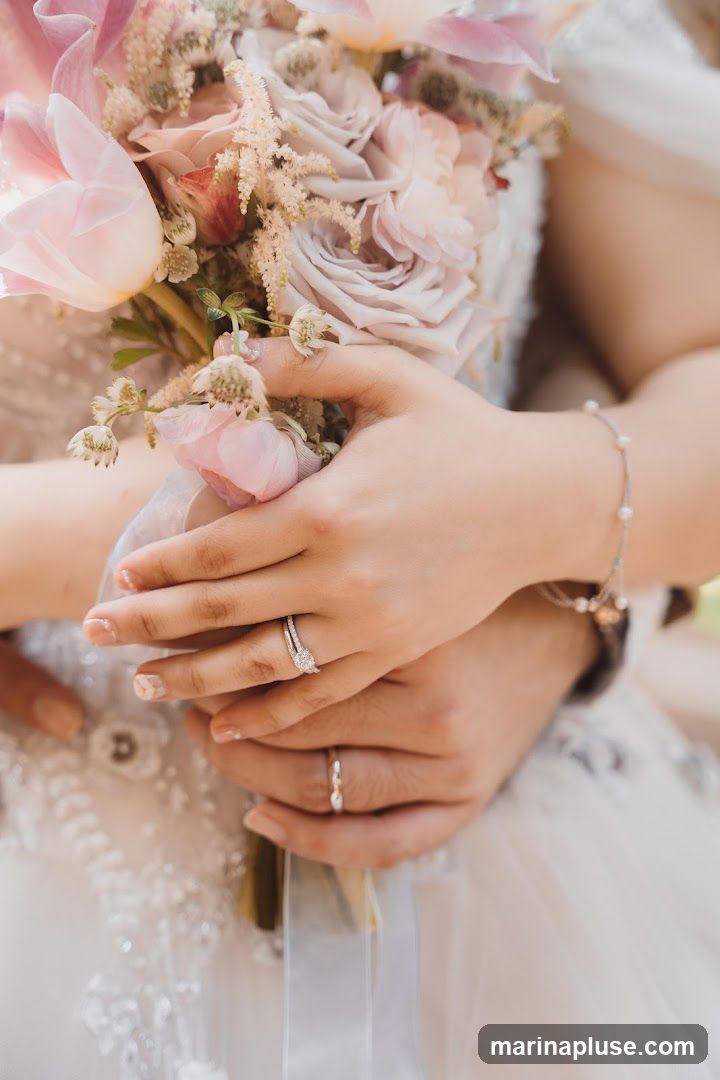 A close-up shot focuses on two pairs of hands gently holding a wedding bouquet. The hands are adorned with rings, including a prominent engagement ring with a diamond band and a simple wedding band. A delicate pearl bracelet is visible on one wrist. The bouquet itself is a beautiful arrangement of soft pink and lavender roses, tulips, and delicate white and pink filler flowers, tied with a pale blue ribbon. The background is softly blurred, suggesting a wedding or formal event setting, with hints of lace and tulle from wedding attire.