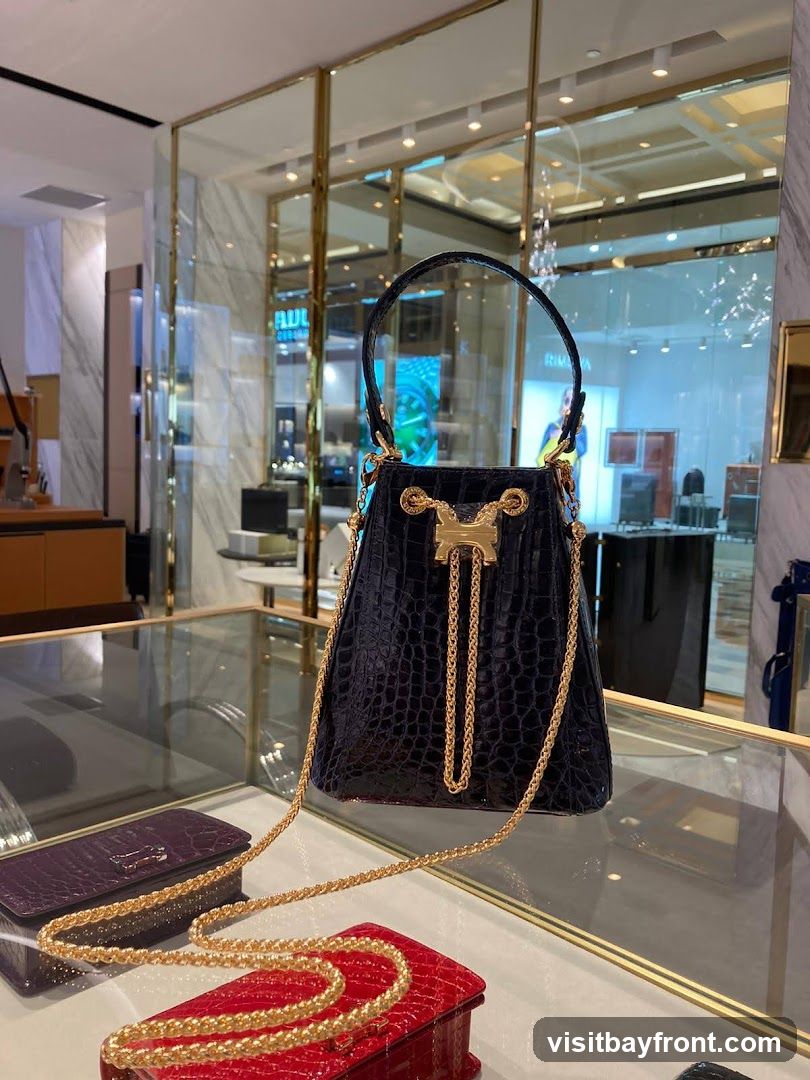 A dark blue crocodile-embossed handbag with gold chain detailing is displayed in a store. In front of it, a red and a purple clutch bag are also visible. The background shows a well-lit store interior with mirrored walls and display cases, suggesting a luxury retail environment. A sign with the partial text "AUL GERMAN" is visible in the background.