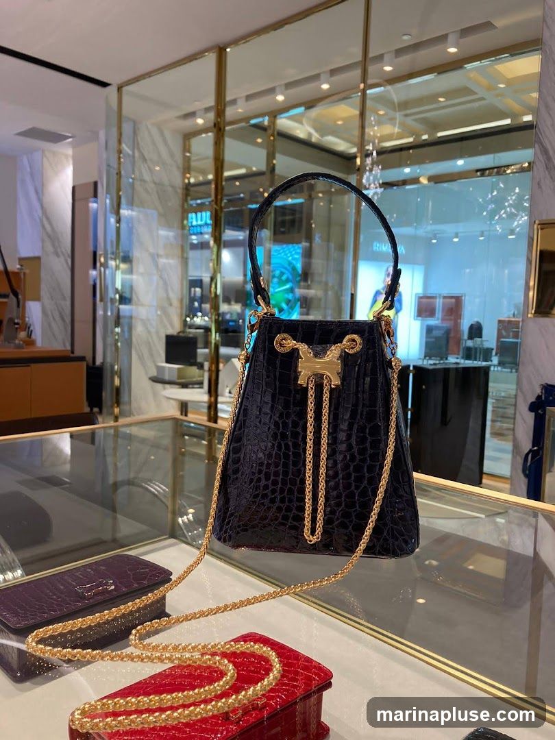 A dark blue crocodile-embossed handbag with gold chain detailing is displayed in a store. In front of it, a red and a purple clutch bag are also visible. The background shows a well-lit store interior with mirrored walls and display cases, suggesting a luxury retail environment. A sign with the partial text "AUL GERMAN" is visible in the background.